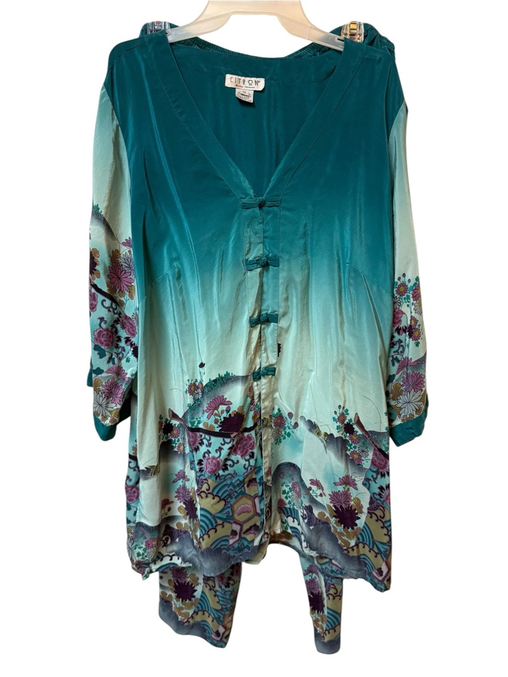 Citron Teal Aqua Ombre Silk Floral Pant set 1X